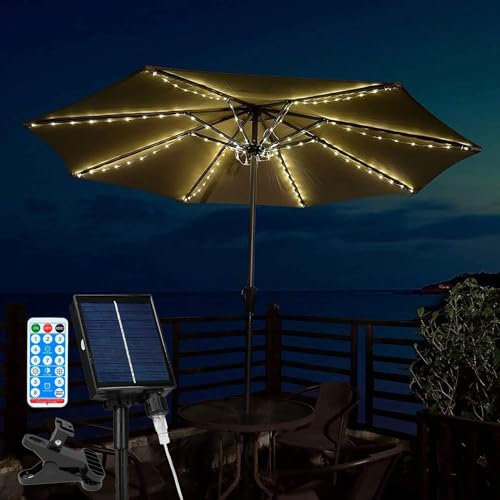 DINOWIN Solar Patio Umbrella Lights with Remote Waterproof 104 LED Parasol Umbrella Lights 8 Modes Dimmable Outdoor Patio Atmosphere Light for Garden Deck Yard Pool (Warm White)