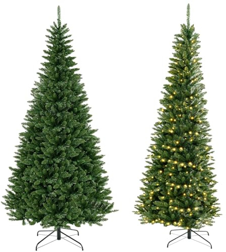 KOMFOTTEU Konstgjord julgran 240 cm av PVC, automatisk öppning julgran, förbelyst med 360 LED-lampor, 1137 grenspetsar, metallstativ, julträd, 60 x 240 cm