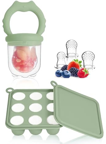 WeSweet Fruit Feeder for Baby - Silicone Ice Lolly Moulds with 3 Extra Feeder Pacifier- for Teething Relief & Infant Self Feeding (Cat Green)
