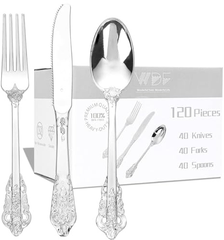 WDF 120PCS Silver Plastic Silverware - Heavy Duty Silver Plastic Cutlery Set - 40 Forks, 40 Spoons, 40 Knives, Perfect for Parties Weeding Baby Shower Spring
