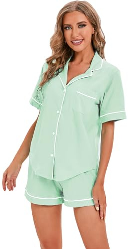 LUBOT Pyjama Femme Coton 100% ete, Pyjama à Manches Courtes, Pyjama Deux pièces pour Femme, vêtements de Nuit, vêtements de détente, tricotés & Haute élasticité, S - XXL