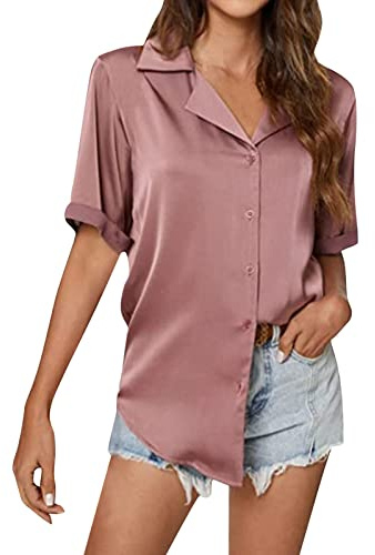 Chemisier en soie pour femme - Élégant - Moderne - Col en V - Long - En soie - Chemisier festif - Manches longues - Rose - Boutonnière - Chemise en satin - Manches longues - Pour le travail - Haut