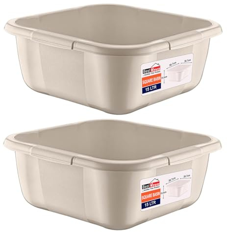 Best House | Plastic Washing up Bowl Basin | Square Kitchen Basin Wash Bowl | 15 Litres | CREAM | 2 PCS | Multipurpose Bath Tub/Washing Tub for Kitchen, Bathroom, and Household Use (Pack of 2)
