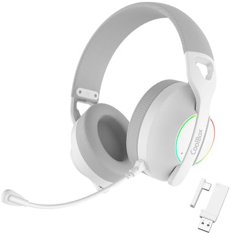 CoolBox WB01 Cascos Gaming Inalambricos con Micrófono Extraíble para PS5, PS4, Switch, PC. Conexión Inalámbrica 2.4GHz con Adaptador USB y Bluetooth 5.4, 20h de Autonomía, Carga USB-C en 2h. Blanco