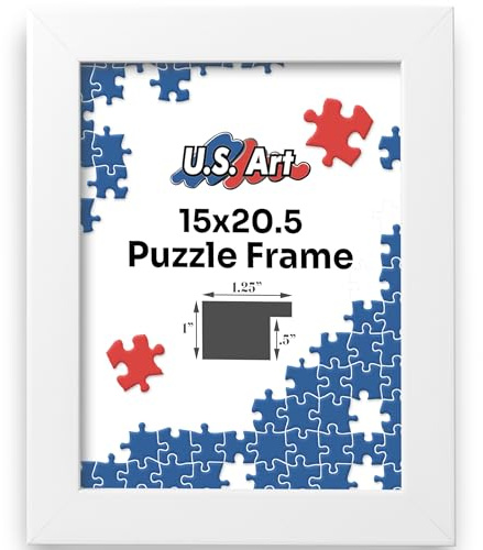 US Art White 15x20.5 Puzzle Frame 1.25 Inch Wide - Handmade American Picture Frames with Preinstalled Hangers and UV Blocking Plexiglass, 15x20.5 Frame