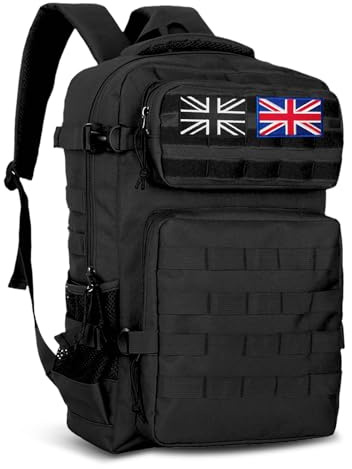 Lesbyit 36L Waterproof Hiking Backpack with Ventilated Straps, Multi-Compartment Camping Rucksack for Trekking, Travel & Outdoor – Tactical Backpack with 2 Flag Patches