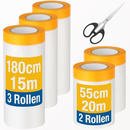 Furuising 5 Rotoli Teli Copritutto per Imbianchino con Nastro (85m Totali), Telo per Pittura, Telo Imbianchino Autoadesiv con Forbici per Mobili, Pavimenti Protezione (180cm*15Mx3, 55cm*20Mx2)