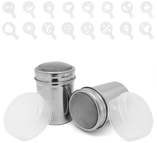ZHMEINA Powdered Sugar Shaker Duster with Lid, Stainless Steel Fine Mesh Powder Sugar Shaker Jar for Baking Soda Cocoa Cornstarch Pepper Cinnamon Coffee Flour, with Printing Molds Stencils, 2PCS, 7OZ