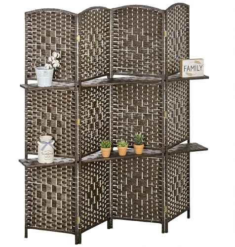 HOMCOM Biombo Separador de Ambientes de 4 Paneles 160x170 cm con 2 Estantes de Exhibición Pantalla de Privacidad Plegable Divisor para Oficina Dormitorio Marrón