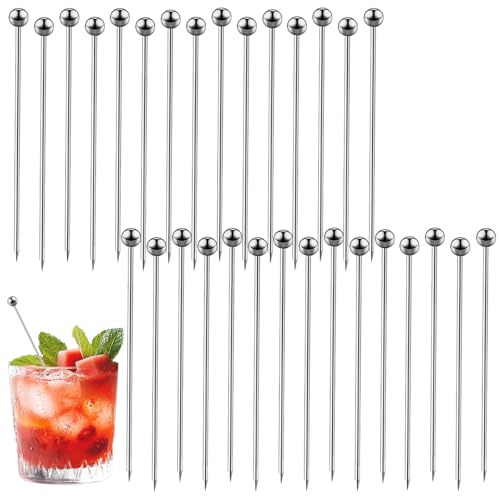30 stycken cocktailspett i rostfritt stål, återanvändbara cocktailplock | 11 cm, spett, fingermat metall, rostfritt stål cocktailpinnar, fruktspett, återanvändbara, för cocktailpartys BBQ snacks