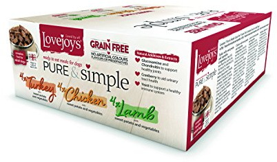 Lovejoys Pure & Simple Grain Free Wet Dog Food Hypoallergenic Variety Pack 395 g (Pack of 12) - Gluten Free Dog Food Trays with 4x Lamb, Turkey, Chicken