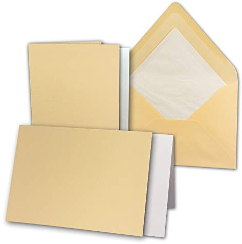 50x Karten-Set DIN B6-12 x 17 cm - 120 x 170 mm - Falt-Karten mit Brief-Umschlägen & Einlege-Blättern - Gerippte Struktur Oberfläche - Honig-Gelb - Vintage Einladungskarten