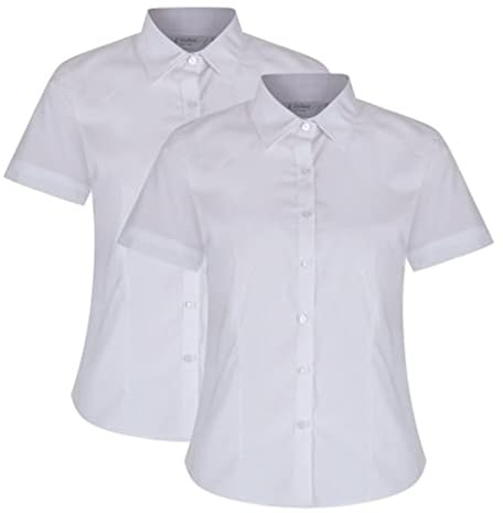 Trutex Girls White School Shirts, Multipack – Short Sleeve Slim Fit Revere Collar Cotton-Rich Easy Iron School Blouses – Age 14 (2 Pack)