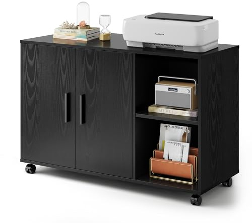DEVAISE Office Storage Cabinet with Doors and Shelves, Lateral Printer Stand for Office Supplies and File Storage, Filing Cabinet for Home Office, Black