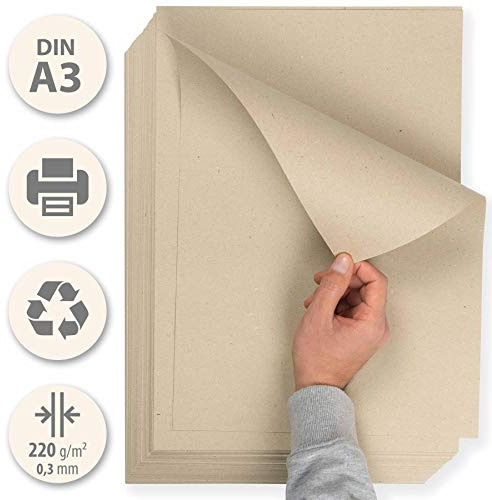 25 hojas DIN A3 Papel Grueso 220 g/m² Cartón reciclado grande, Cartulina kraft claro, Para Imprimir, Manualidades, Encuadernar, marcos de fotos.
