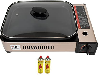 NJ Portable Gas BBQ Deep Dish Grill Stove Tabletop Camping Cooker Non-stick Pan Glass LID (Gas Grill + 2 Canisters)