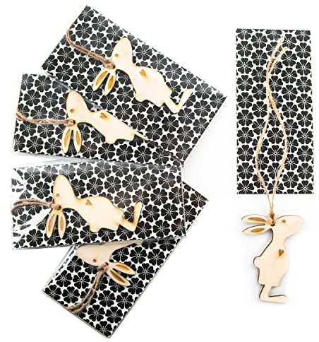 Logbuch-Verlag 5 Osterhasen mit Karte Tischdeko Osterbrunch Ostern Geschenk schwarz weiß Holzhase natur