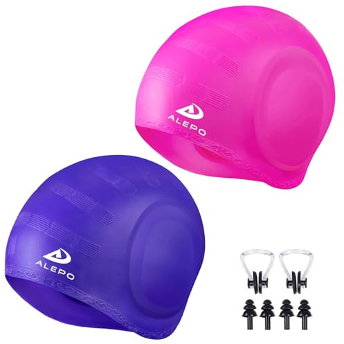 Alepo Lot de 2 Bonnets de Bain Unisexes avec Protection auditive 3D, durables et Flexibles en Silicone pour Femmes, Hommes, Enfants et Adultes, Bonnet de Bain pour Cheveux Courts/Longs avec Bouchons