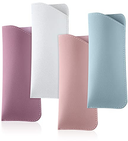 SAVITA Soft Leather Glasses Cases, 4pcs Eyeglasses Case Portable PU Leather Glasses Bag Sunglasses Pouch for Women Men 2.8 x 6.8 Inch, 4 Colors