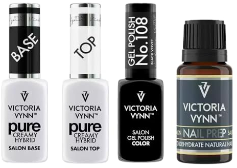 Victoria Vynn Set de cuidado de uñas: Pure Creamy Hybrid Top & Base, Black Velvet Gel Polish 8 ml, Salon Nail Prep 15 ml - Manicura perfecta en casa