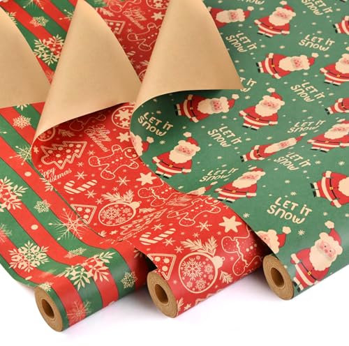 AhfuLife 3 Rollen Geschenkpapier Weihnachten Set, 43cm x 10m Weihnachtspapier Set, Nature Kraftpapier Weihnachtsgeschenkpapier für Weihnachten Geburtstag Verpackung (Weihnachtsmann/Ingwermann/Schnee)
