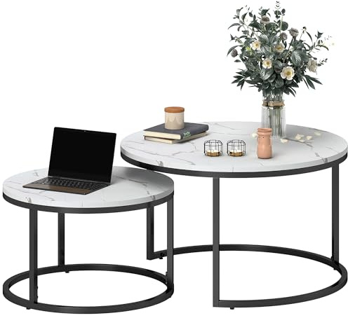 HOMCOM Round Coffee Table Set of 2, Nest of Tables with Steel Frame for Living Room, Marble White