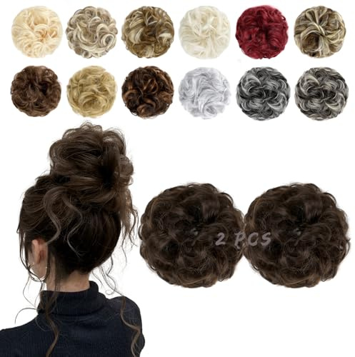 FeidyLong 2 PCS Messy Bun Hair Piece Wavy Curly Hair Bun Scrunchies Extensions Synthetic Chignon Thick Updo Hairpieces for Women Girls(Medium Brown)