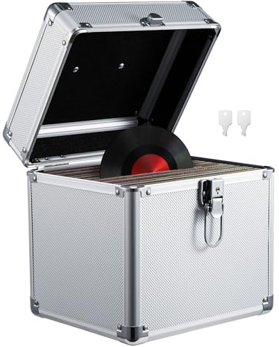 Supernic Vinyl Record Storage Box 7 50pcs Vinyl Record Storage Cases Singles Vinyl Record Carry Case Heavy Duty Safe Box DJ Box Lockable Flight Carry Case Holds (Silver)