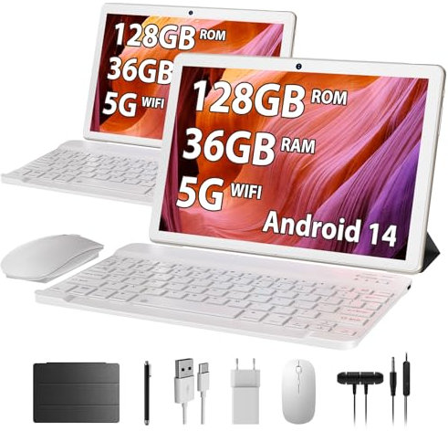 HEASUR Tablet 10 Zoll, Android 14, Tablet 36 GB RAM + 128 GB ROM (TF 1 TB), Octa-Core 2.0 GHz, WiFi 5G/2.4G BT5.0, Kamera 8000 mAh, 8 MP + 5 MP, Tablet mit Tastatur und Stift & Hülle (Gold)