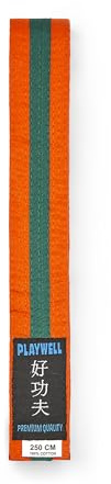 Playwell Cinturón de algodón para artes marciales con rayas de varios colores, cinturón de graduación (karate, judo taekwondo), Cinturón naranja con rayas verdes, 250cm