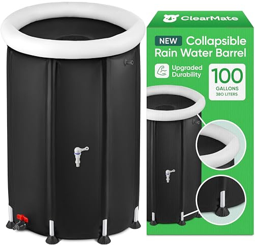CLEARMATE Collapsible Rain Barrel |100 Gal Rainwater Collection System with Sturdy Metal Legs & Reinforced Air Frame | Portable & Durable Rain Catcher for Gutter Water Storage