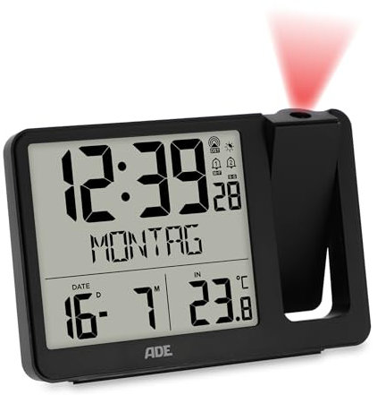 ADE Sveglia digitale radiocontrollata con proiezione e sensore esterno | orologio con visualizzazione della temperatura, data e giorno della settimana in italiano | incl. cavo di rete | nero