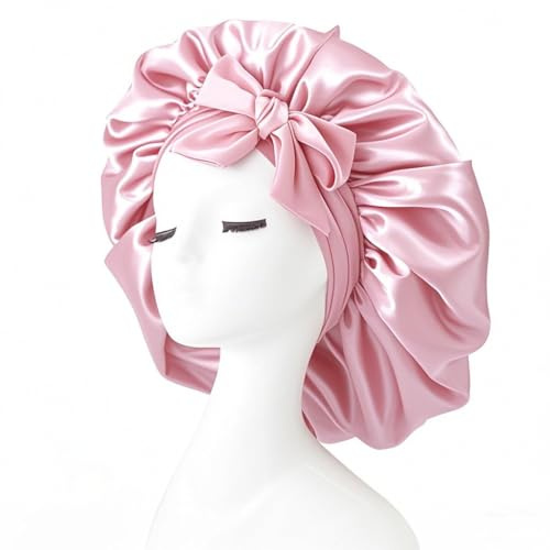 iLamvie Bonnet Satin Cheveux Nuit,Bonnet En Satin,Bonnet Soie Cheveux Nuit Bonnet Cheveux Nuit Pour Femmes Cheveux Longs Cheveux Bouclés,Large Bande Ajustable(Couleur Rose)
