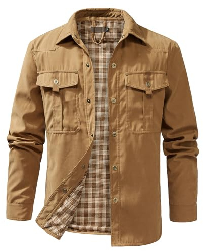 HOUZONIY Skjorta för män, skjortjacka, skjortor, långärmad, slim fit, ståkrage, västernskjorta, taktisk skjorta, utomhus, arbetsskjorta, safariskjorta, enfärgade fritidsskjortor, kaki, L