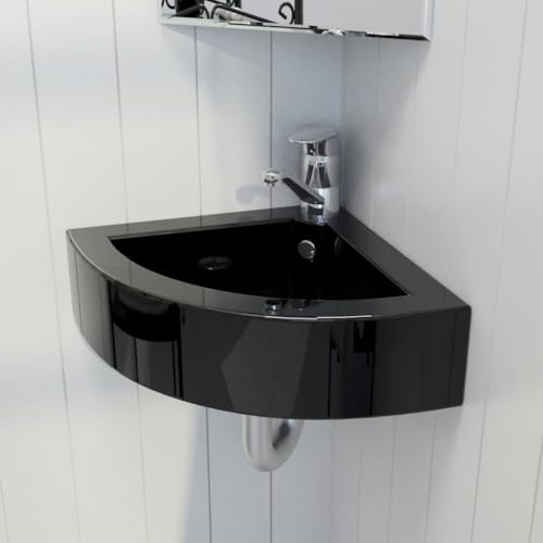 Lavabo ovale avec robinet et trop-plein, Vasque murale d'angle, Convient aux petits espaces, salles de bains, vestiaires, 45x32x12,5 cm Noir Céramique