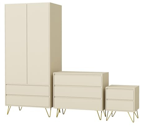 Nera Bedroom Furniture Set 3 Piece Wardrobe with Drawers Chest of Drawers Bedside Table Set with Metal Legs (Cream)