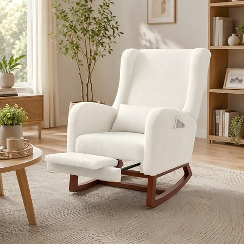 BSCFHCZ Silla mecedora con reposapiés extensible, sillón, sillón de lactancia, sillón reclinable, silla mecedora para amamantar, patas de madera y metal para salón, dormitorio (Blanco roto +