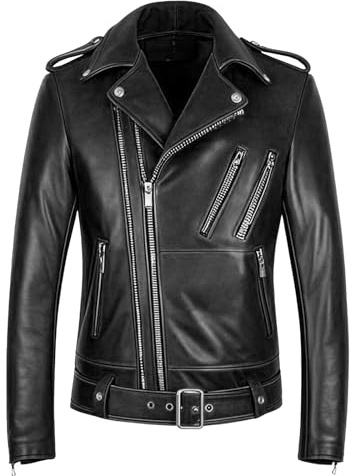 Chaqueta de cuero negra para hombre, chaqueta bomber sintética, de motociclista con solapa asimétrica y cremallera, color negro, talla grande