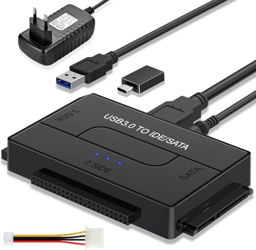USB 3.0 zu IDE/SATA Festplatten Adapter mit 12V Netzteil, 2,5/3,5 Zoll IDE USB Adapter & Festplatten Adapter USB für HDD SSD CD-ROM DVD, Unterstützt bis 6TB, Kompatibel mit Windows/Mac/Linux