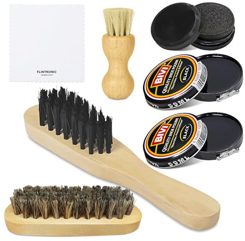 flintronic Scarpe e Lucido,Set di 7 Spazzole, Kit per Lucidare le Scarpe in Pelle, Spazzole con Manico in Legno,Panno per la Pulizia Stivali in Pelle, Cura Delle, Pulizia e Lucidatura