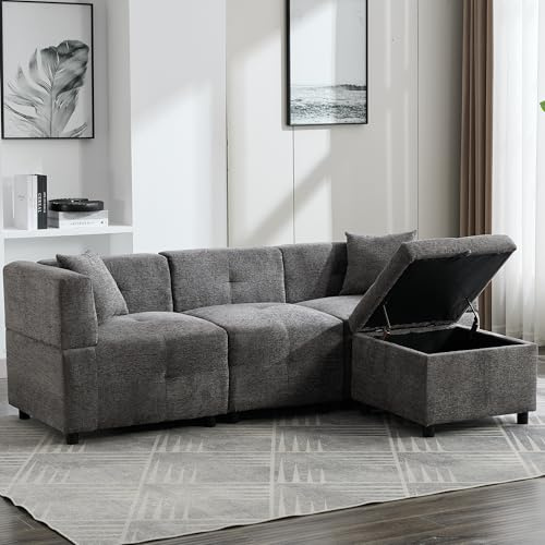 Miyemo 3 Seater Sofa, L Shaped Corner Sofa with Removable Storage Ottoman, Fabric Sofa with 2 Pillows for Home/Apartment/Office/Living Room, Grey