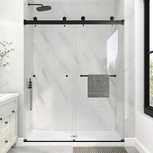 KPUY Frameless Shower Door, 55-60 W x 76 H Double Sliding Glass Shower Door, 1/4 (6mm) Thick Tempered Clear Glass with Explosion-Proof Film Nano Coating, Matte Black