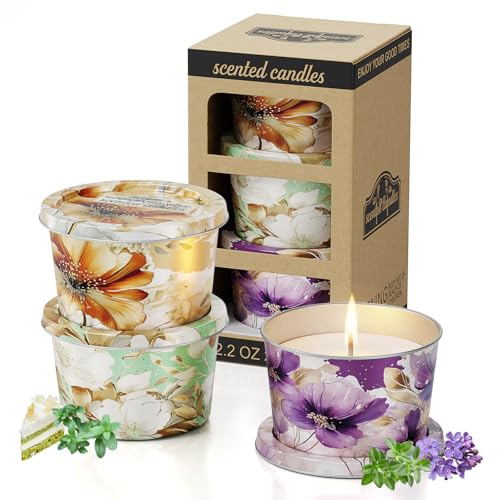 3 Pack Scented Candles-Lavender & Thyme, Vanilla Cake, Jasmine & Musk & Sandalwood, Travel Tin Candle Set, 2.2oz Each, 8-10h Burn Time, Soy Wax, Cotton Wick