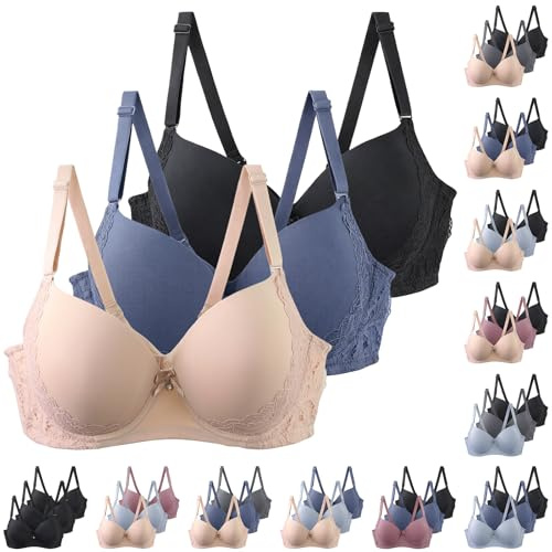 3PC Bras for Women Push-Up Lace Bra with Adjustable Straps Comfortable Supportive Lingerie Set for Everyday Work Leisure