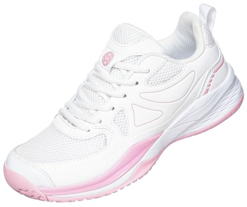 Sisttke Women's Badminton Pickleball Shoes Lightweight Breathable Non-Slip Court Sneakers for Tennis Racquetball Training White/Pink