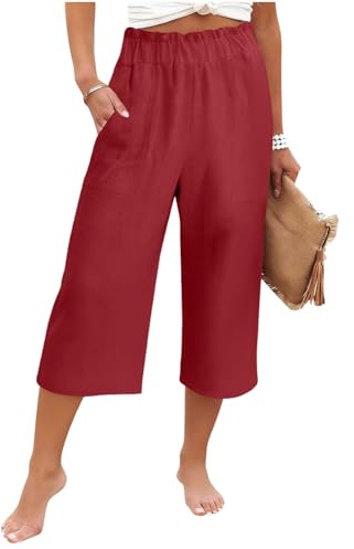 HAOLEI Pantaloni Donna Estivi Leggeri Pantaloni Capri in Cotone con Elastico Vita Comodi 3/4 Pantalone Larghi con Tasche Tinta Unita Casual Casual Elastico Eleganti Pants Pantalone da Spiaggia