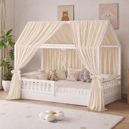 TOFFCAEA 2 Stycken Baldakin för Husformad Säng, Sänggardin Montessori, i Muslin av 100% Bomull för Stapelsängar, Dekoration för Barnrum (Beige, H270 x B67 cm (2 Stycken))