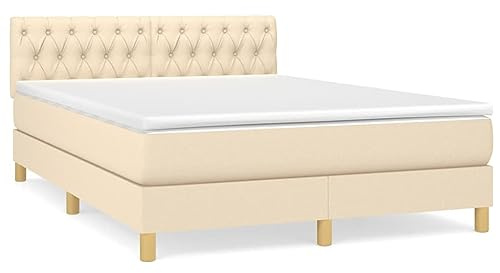 HETFTJN Cama con somier de 140 x 200 cm, color crema, tejido transpirable, cabecero ajustable, colchón de muelles ensacados de 20 cm, colchón de 5 cm, zona de descanso de dureza media, estructura