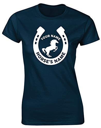 Hippowarehouse Personalised Your Name Your Horse's Name Womens Fitted Short Sleeve t-Shirt (Specific Size Guide in Description)