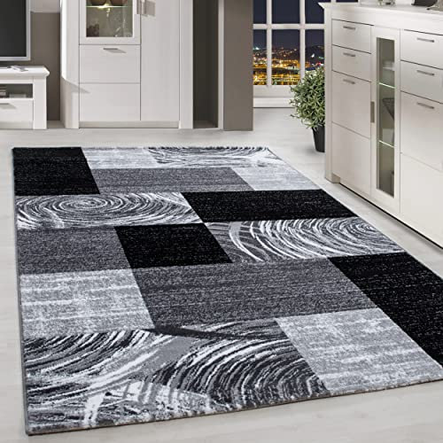 HomebyHome Teppich Wohnzimmer 80x300 cm Läufer Flur Schwarz Kurzflor Kariert Design - Teppich Schlafzimmer, Esszimmer, Küche Flauschiger Extra Weich Tepich Waschbär Einfache Reinigung